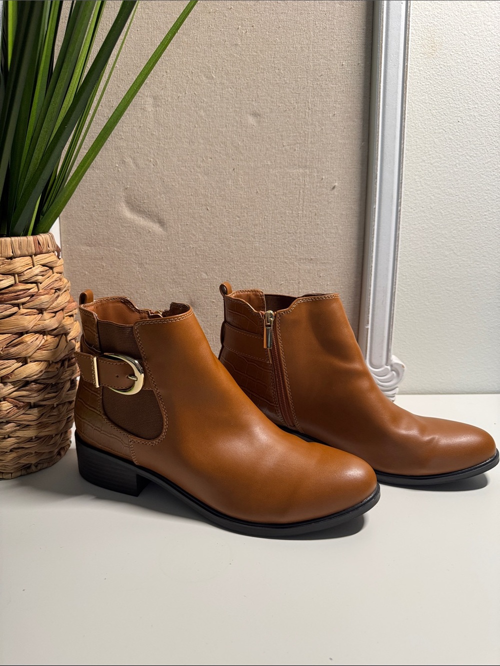 Bandolino Cognac Ankle Booties with Gold Buckle Accent
